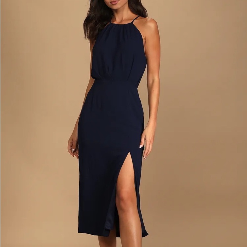 Lulu’s Dreamy Date Night Navy Blue Sleeveless Midi Dress